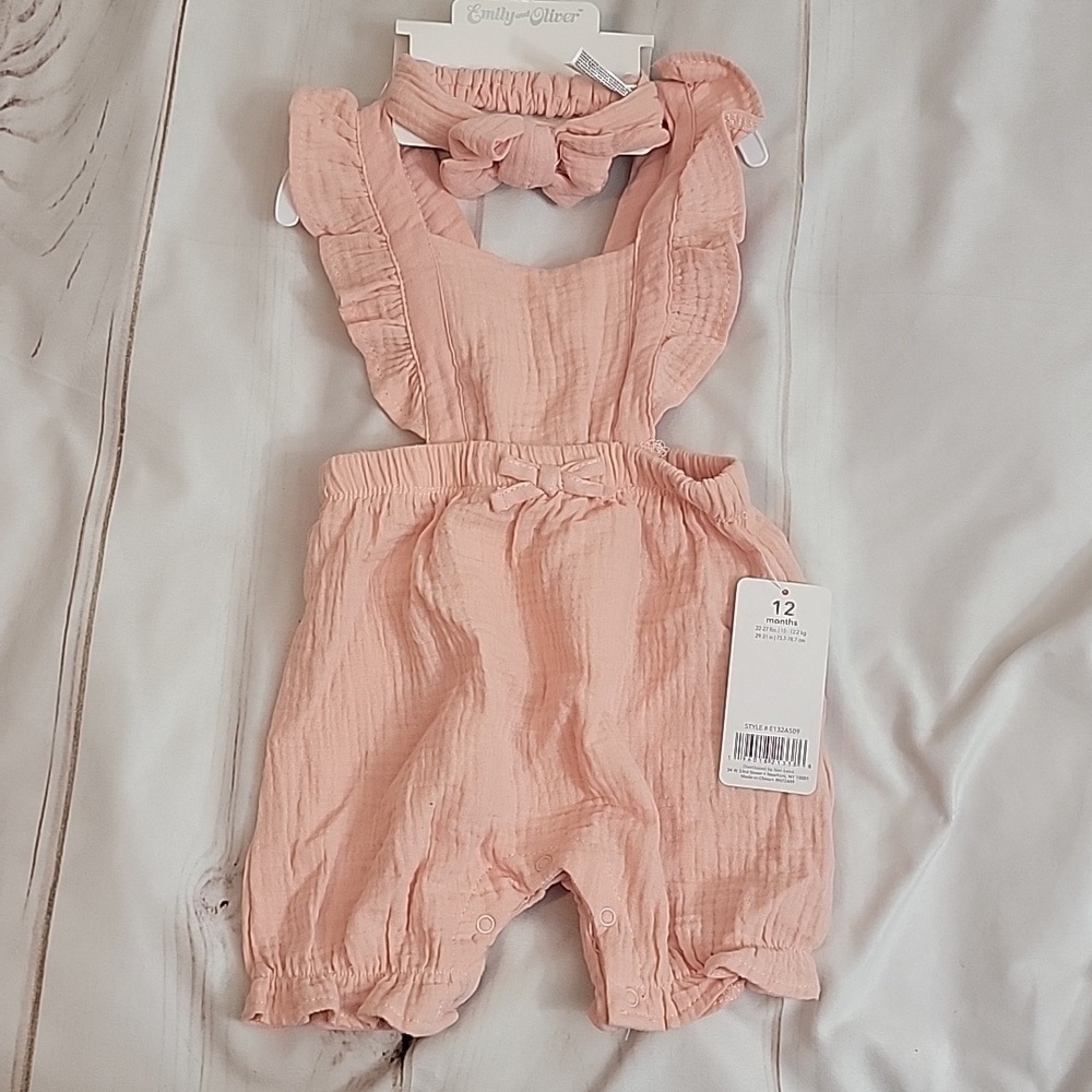 Emily And Oliver New Muslin Romper with Matching Headband Outfit size 12 Months